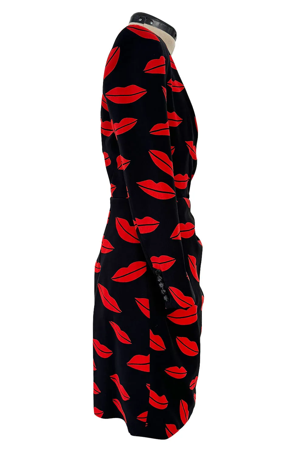 Iconic Spring 2014 Saint Laurent by Heidi Slimane Black & Red Lip Print Silk Wrap Dress