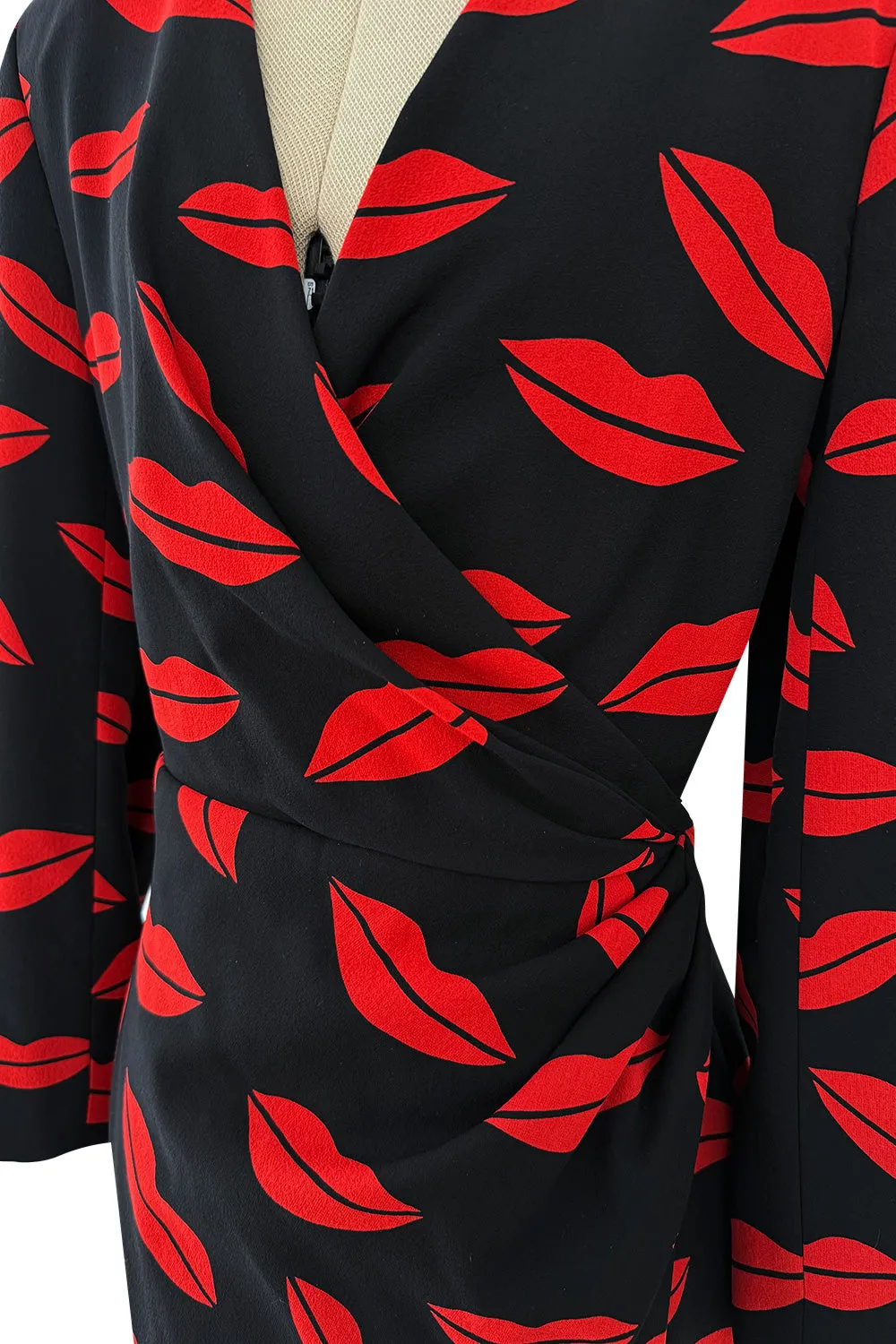Iconic Spring 2014 Saint Laurent by Heidi Slimane Black & Red Lip Print Silk Wrap Dress