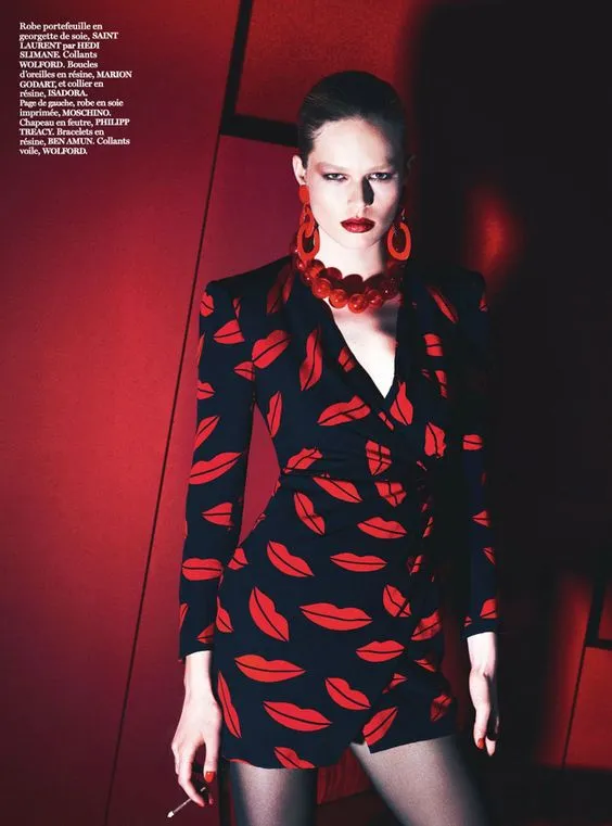 Iconic Spring 2014 Saint Laurent by Heidi Slimane Black & Red Lip Print Silk Wrap Dress