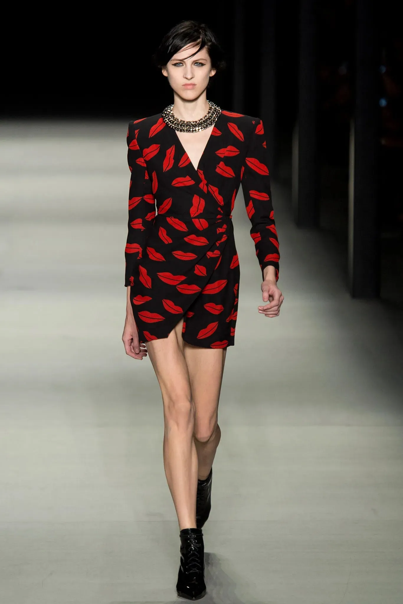 Iconic Spring 2014 Saint Laurent by Heidi Slimane Black & Red Lip Print Silk Wrap Dress