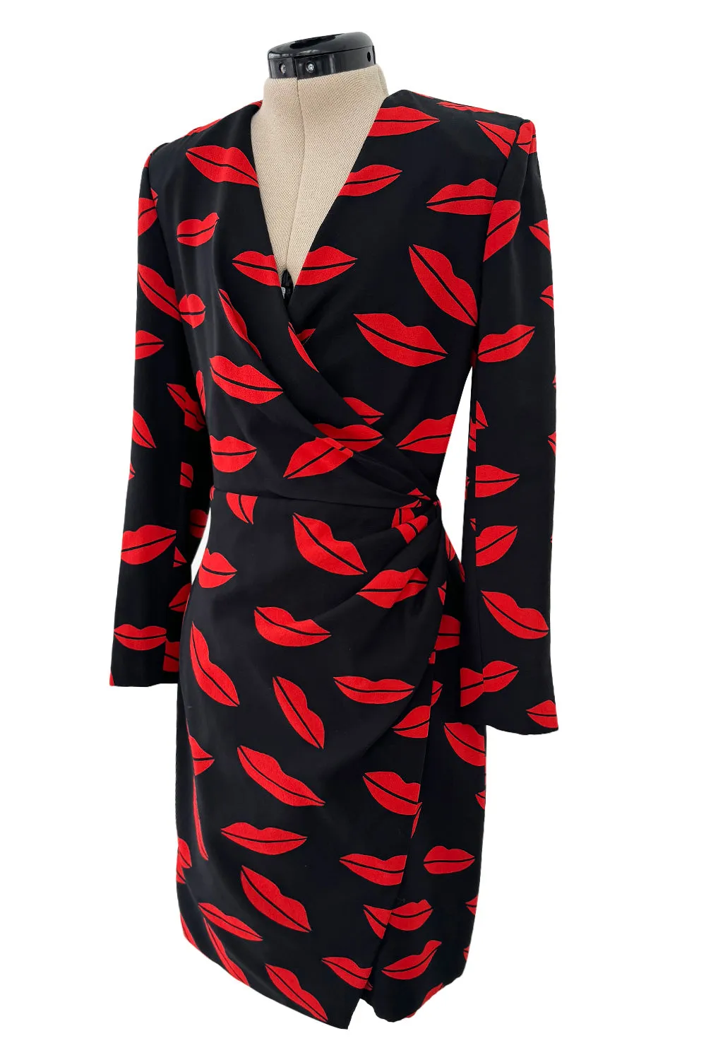 Iconic Spring 2014 Saint Laurent by Heidi Slimane Black & Red Lip Print Silk Wrap Dress