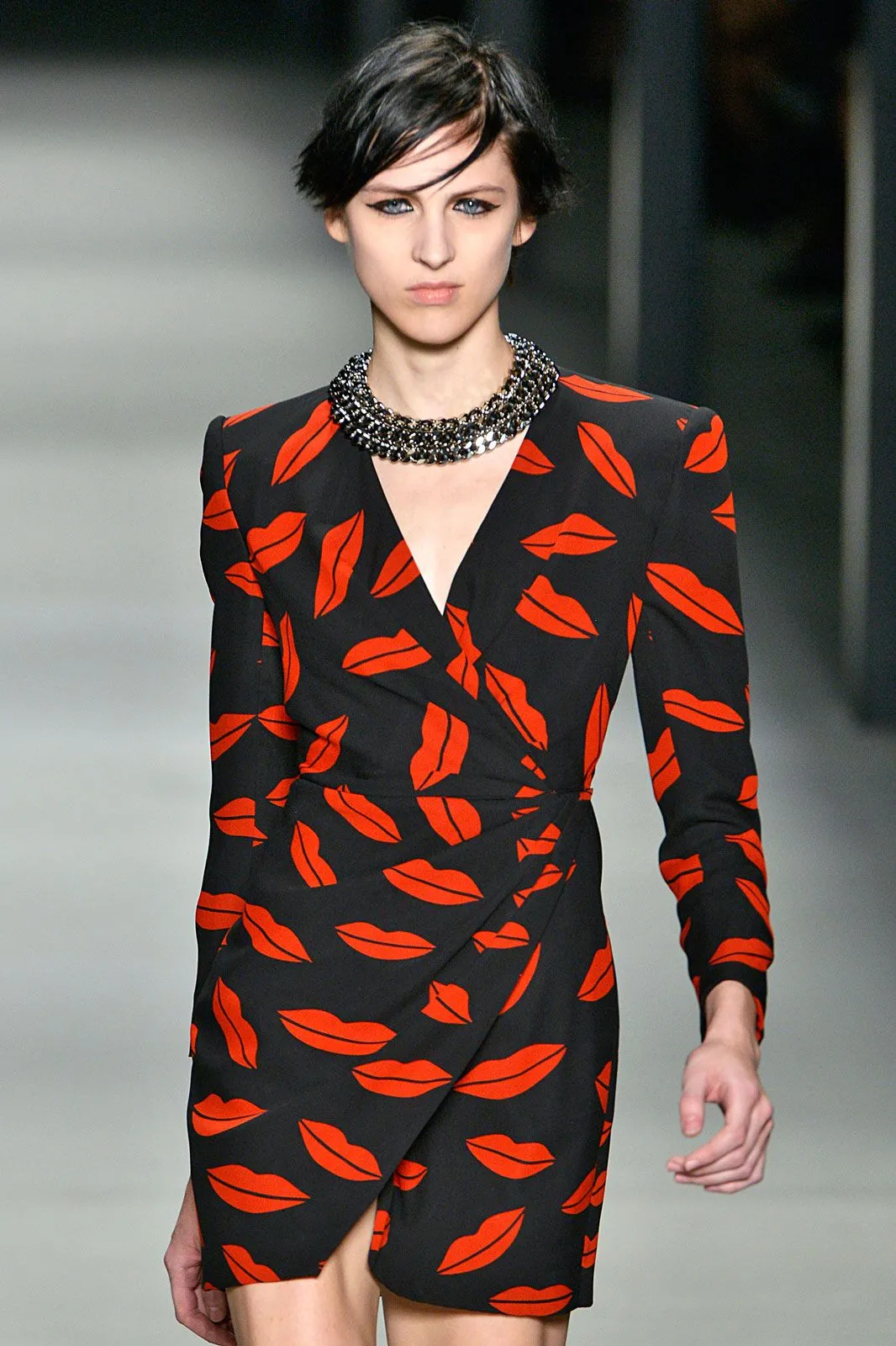 Iconic Spring 2014 Saint Laurent by Heidi Slimane Black & Red Lip Print Silk Wrap Dress