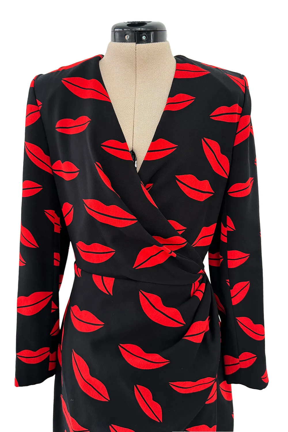 Iconic Spring 2014 Saint Laurent by Heidi Slimane Black & Red Lip Print Silk Wrap Dress