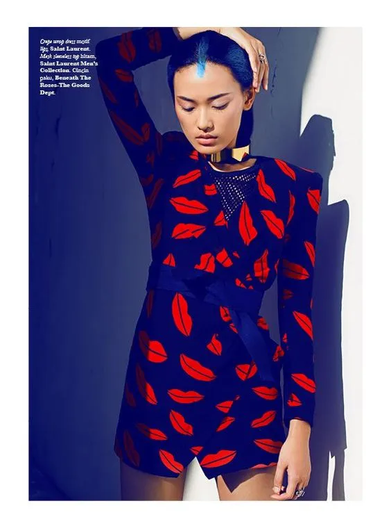 Iconic Spring 2014 Saint Laurent by Heidi Slimane Black & Red Lip Print Silk Wrap Dress