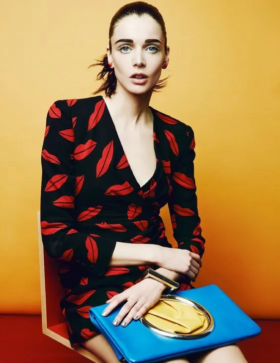 Iconic Spring 2014 Saint Laurent by Heidi Slimane Black & Red Lip Print Silk Wrap Dress