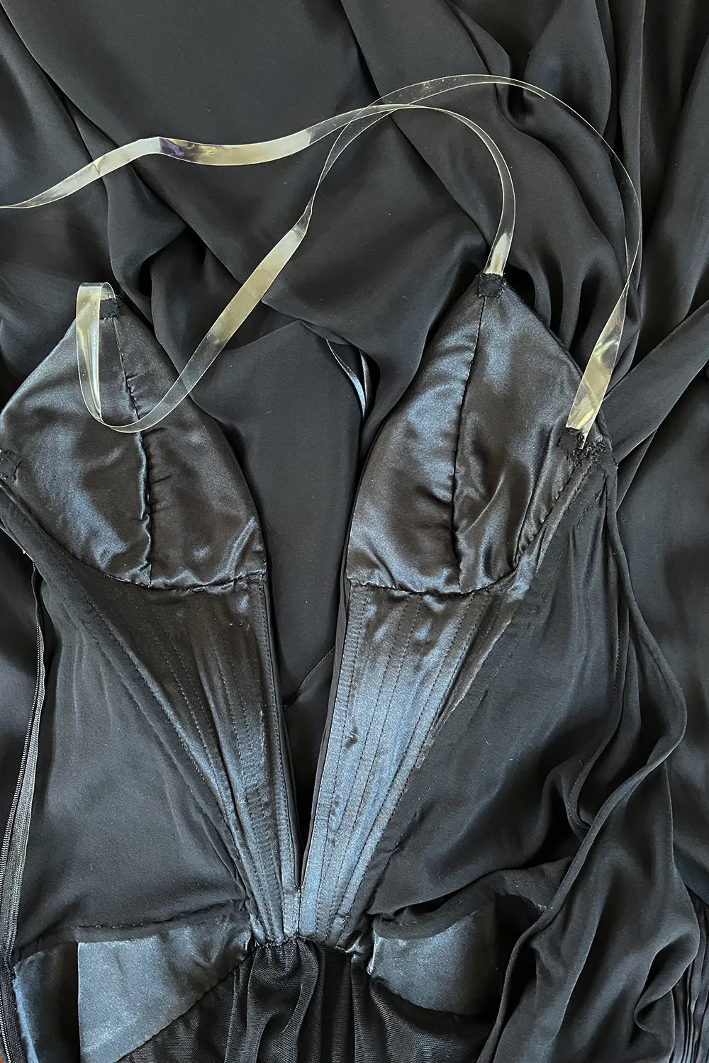 Incredible 2006-2007 Roberto Cavalli Black Silk Extreme Plunge Dress w Trained Silk Chiffon Skirts