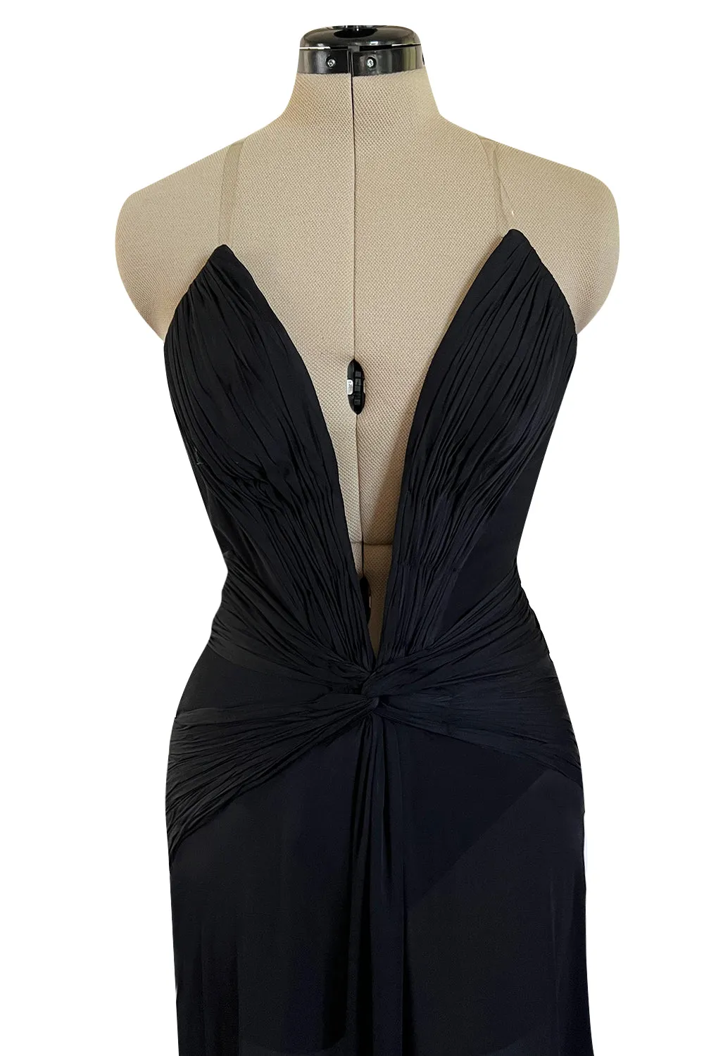 Incredible 2006-2007 Roberto Cavalli Black Silk Extreme Plunge Dress w Trained Silk Chiffon Skirts