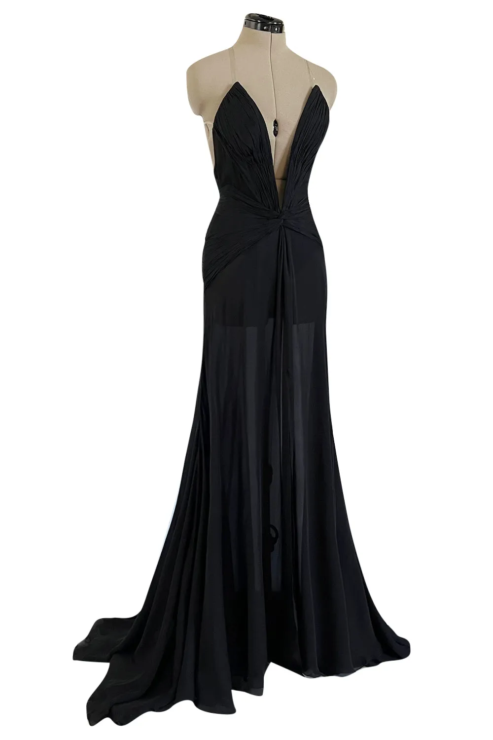 Incredible 2006-2007 Roberto Cavalli Black Silk Extreme Plunge Dress w Trained Silk Chiffon Skirts