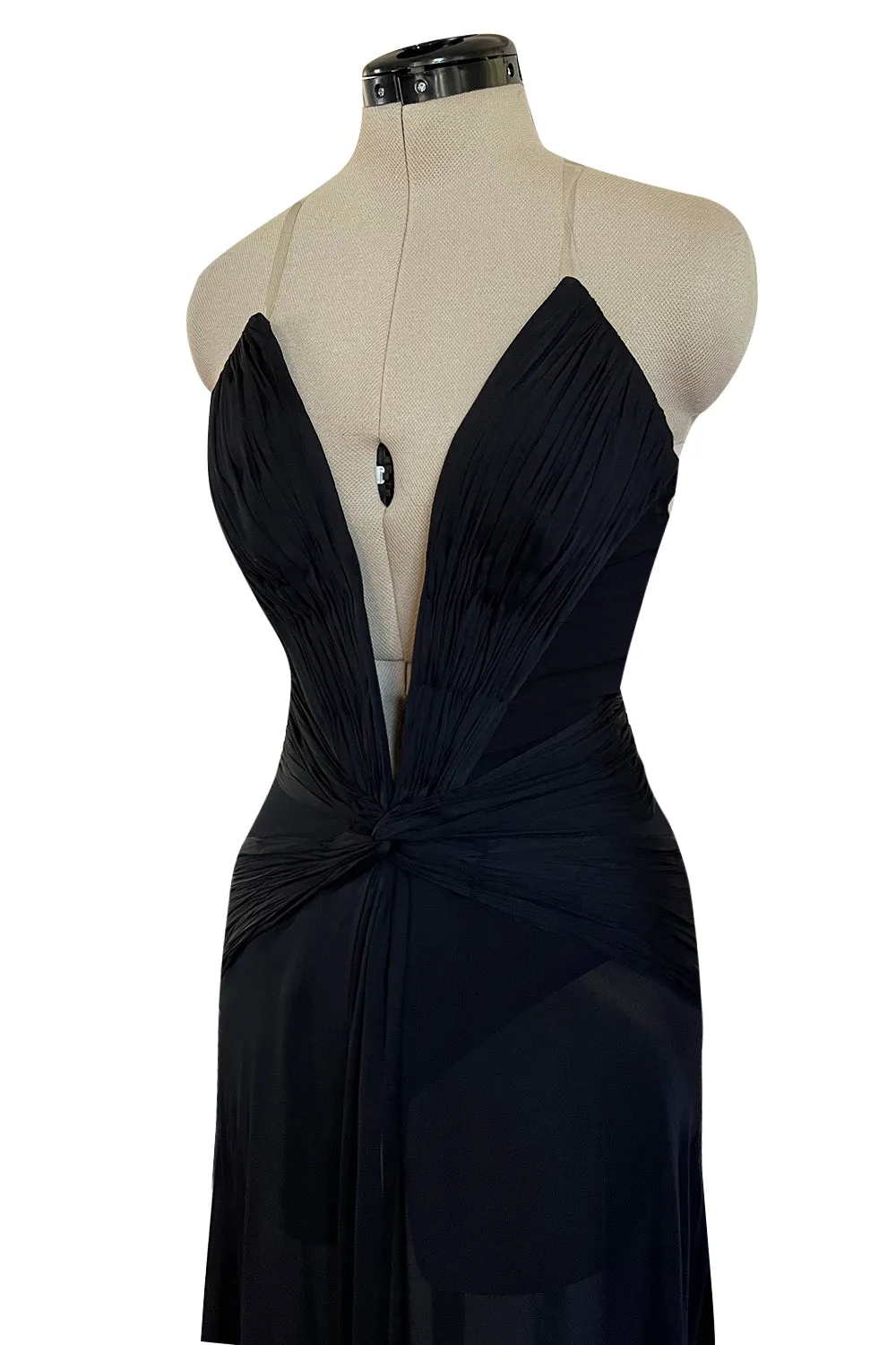Incredible 2006-2007 Roberto Cavalli Black Silk Extreme Plunge Dress w Trained Silk Chiffon Skirts
