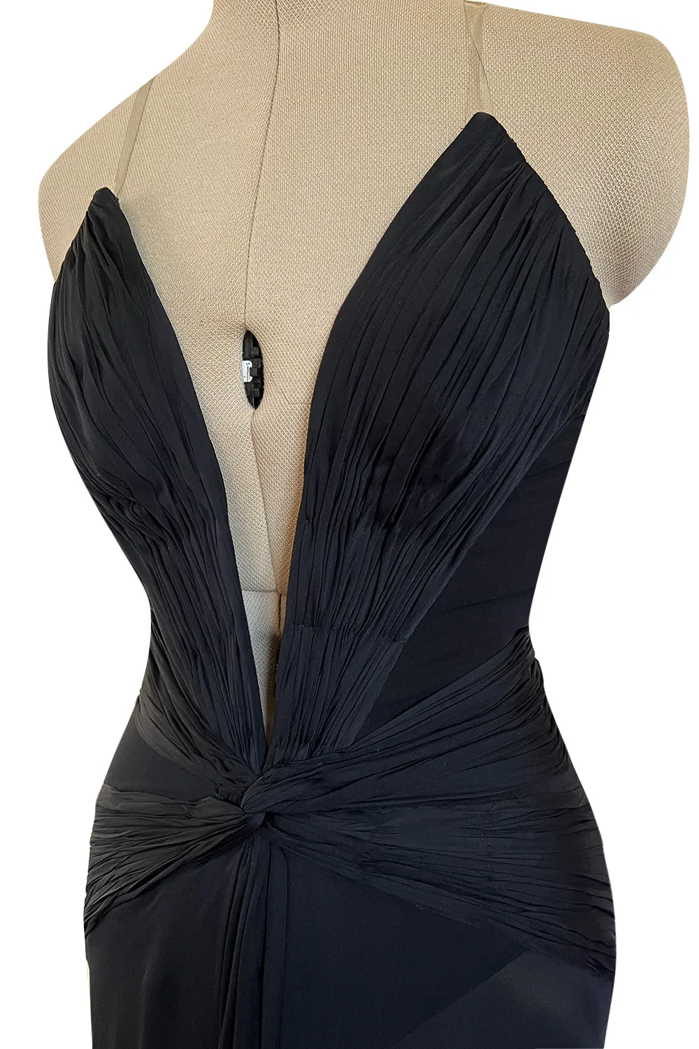 Incredible 2006-2007 Roberto Cavalli Black Silk Extreme Plunge Dress w Trained Silk Chiffon Skirts