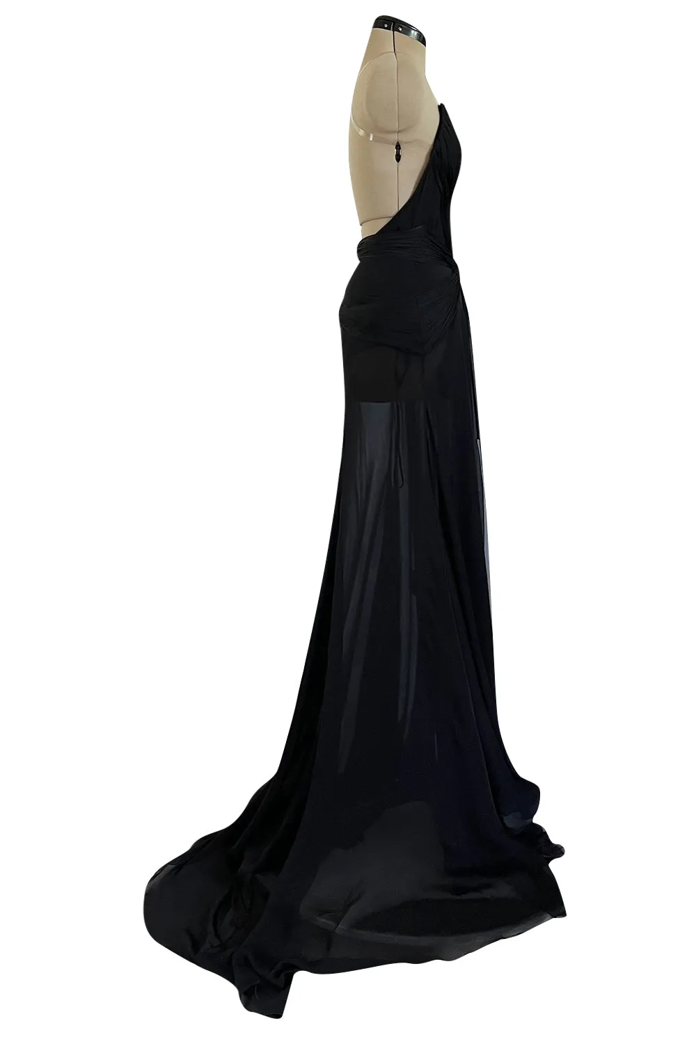 Incredible 2006-2007 Roberto Cavalli Black Silk Extreme Plunge Dress w Trained Silk Chiffon Skirts