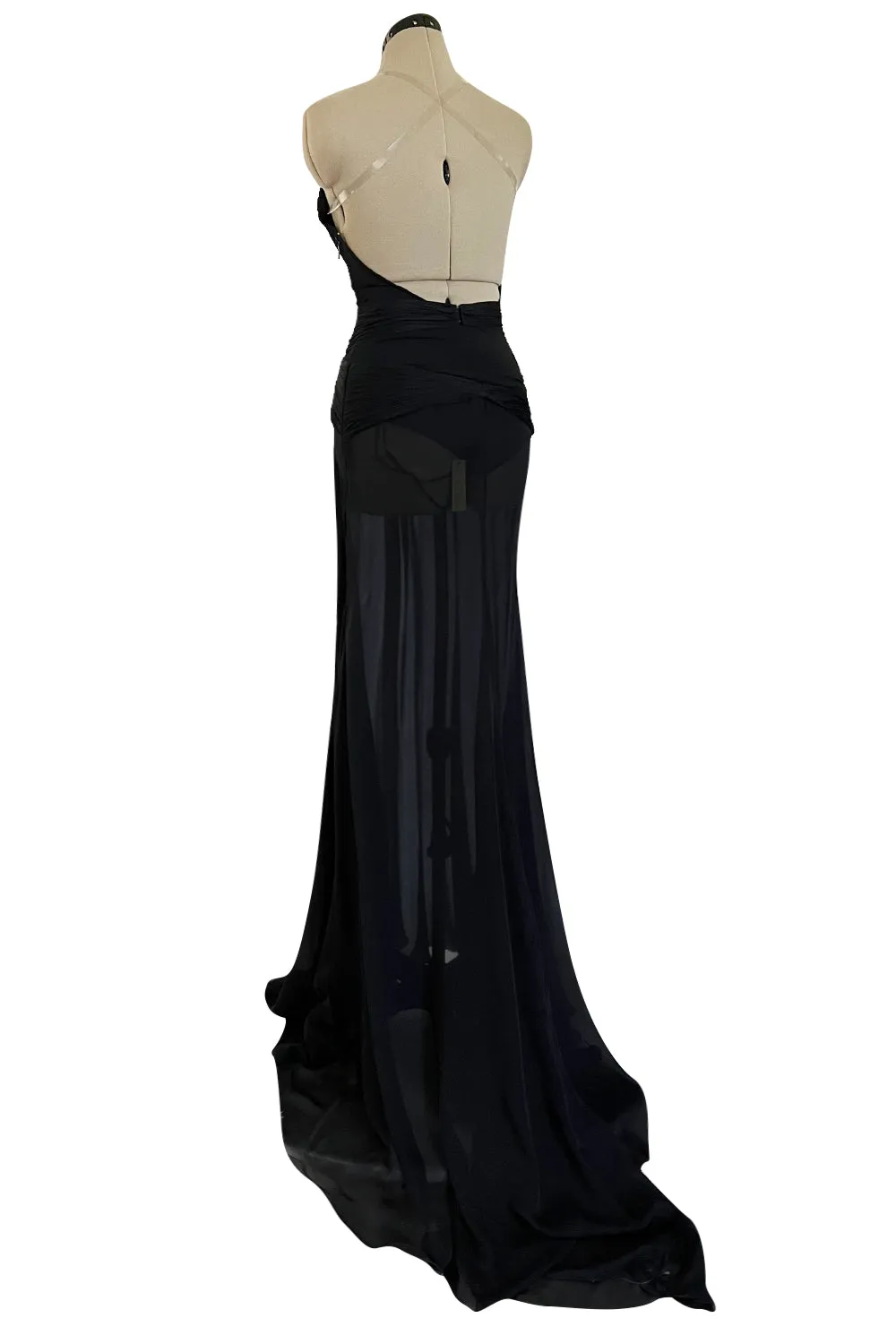 Incredible 2006-2007 Roberto Cavalli Black Silk Extreme Plunge Dress w Trained Silk Chiffon Skirts