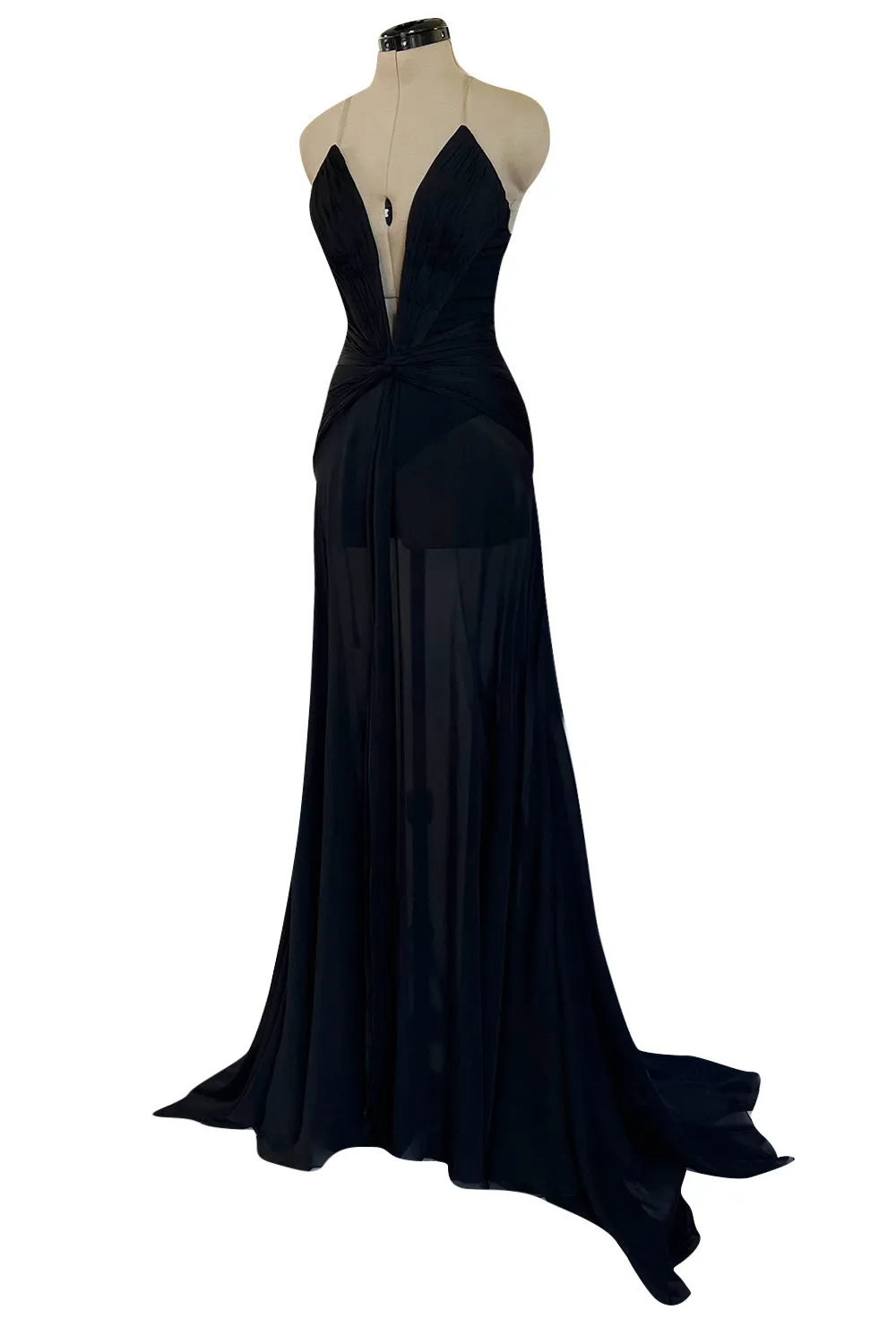 Incredible 2006-2007 Roberto Cavalli Black Silk Extreme Plunge Dress w Trained Silk Chiffon Skirts