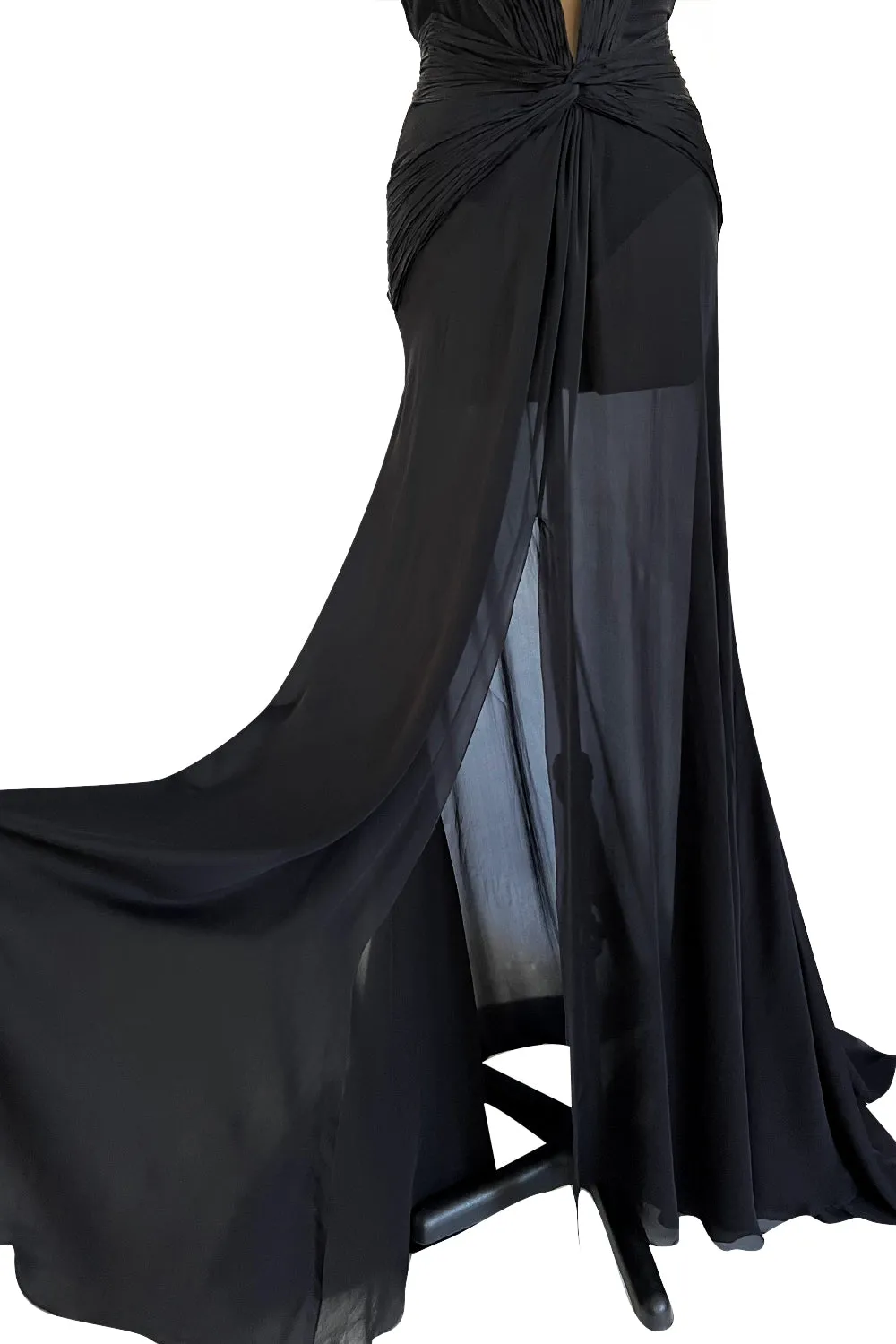 Incredible 2006-2007 Roberto Cavalli Black Silk Extreme Plunge Dress w Trained Silk Chiffon Skirts
