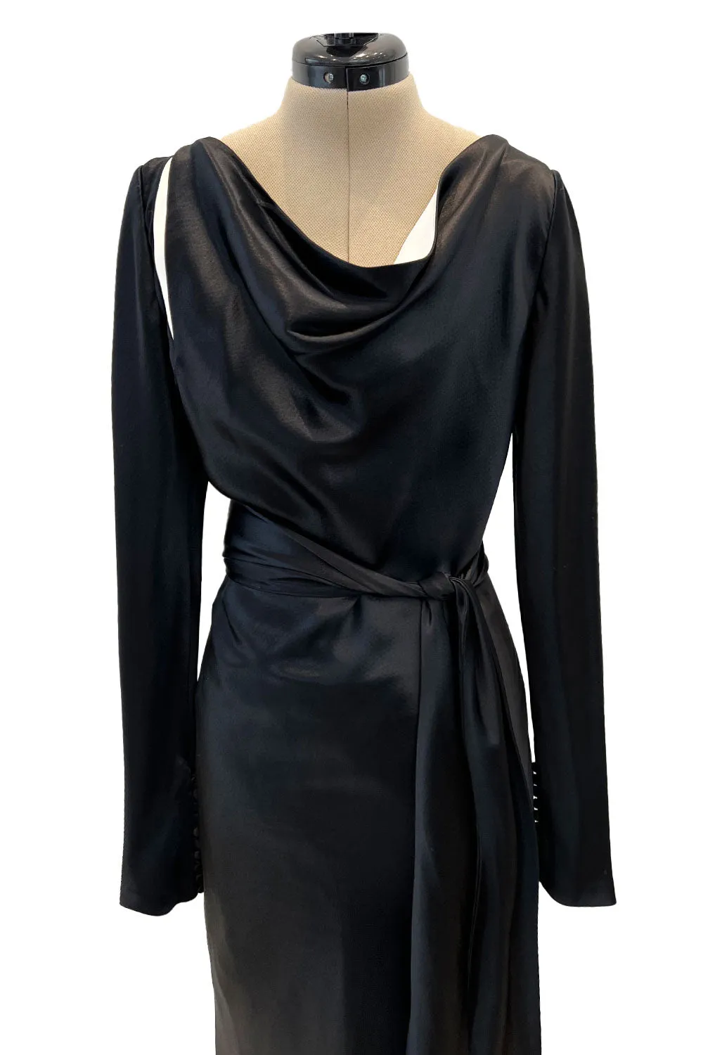 Incredible 2007 Alexander McQueen Original Bias Cut Black Silk Satin Dress w Tie Belt