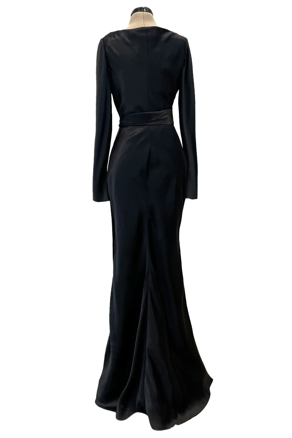 Incredible 2007 Alexander McQueen Original Bias Cut Black Silk Satin Dress w Tie Belt