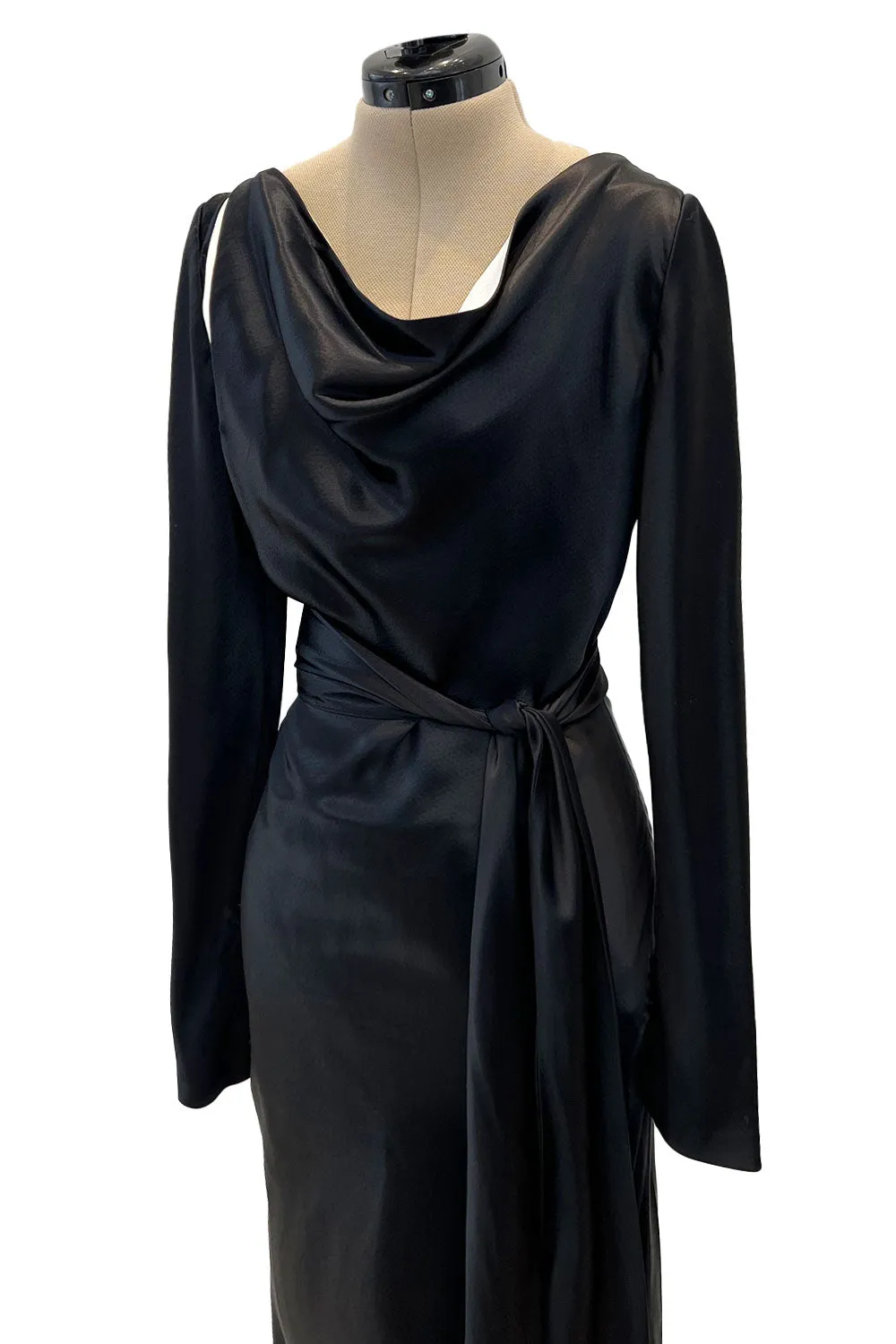 Incredible 2007 Alexander McQueen Original Bias Cut Black Silk Satin Dress w Tie Belt