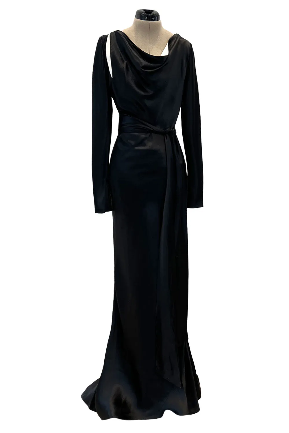 Incredible 2007 Alexander McQueen Original Bias Cut Black Silk Satin Dress w Tie Belt