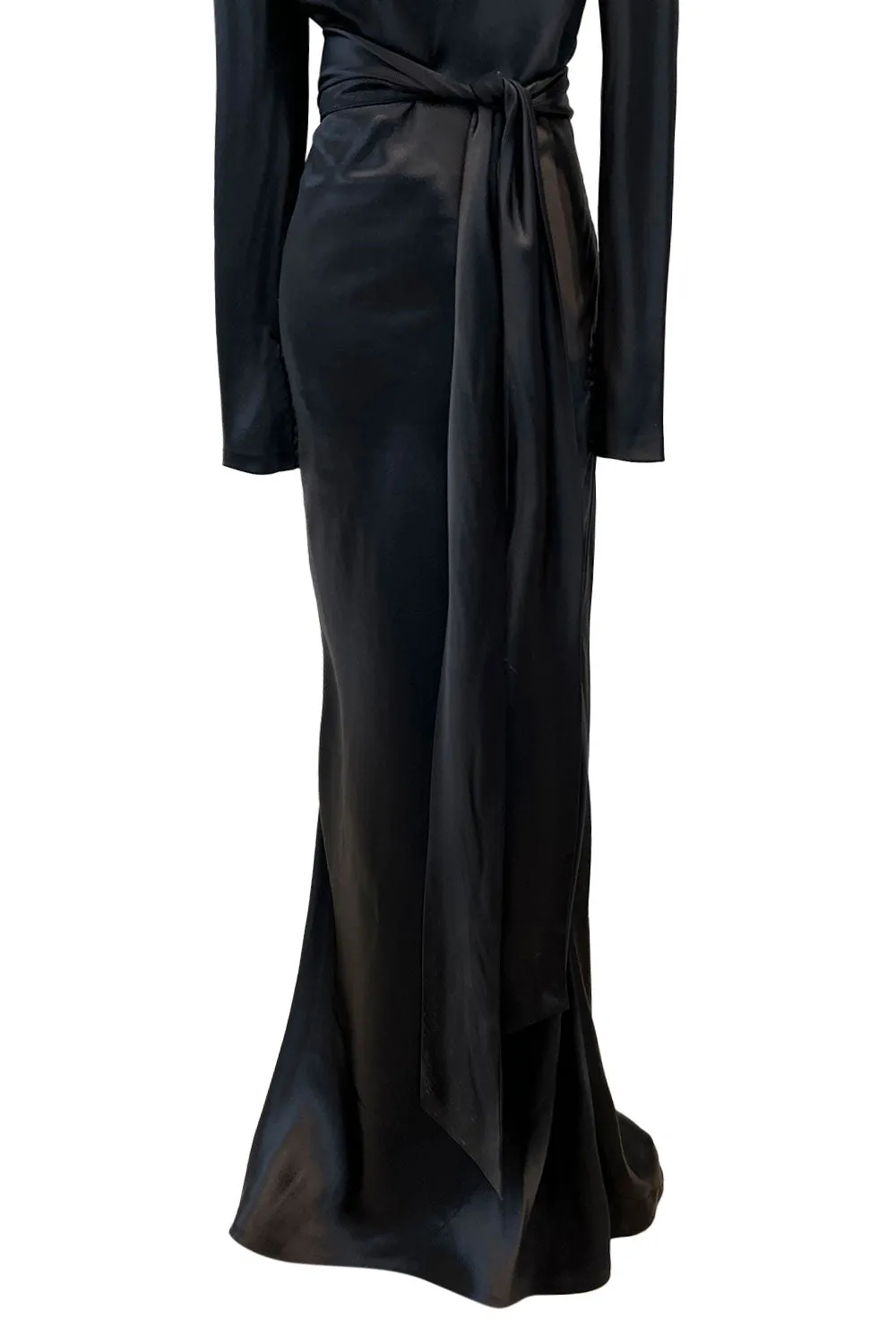Incredible 2007 Alexander McQueen Original Bias Cut Black Silk Satin Dress w Tie Belt