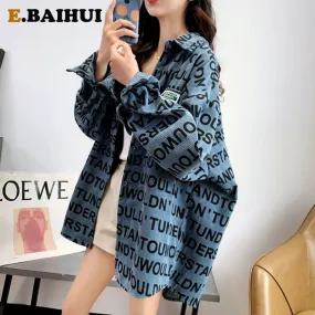 Joskaa Christmas Gift EBAIHUI Vintage Blue Shirt Corduroy Jackets Oversize Womens Loose Letter Print Coat Autumn Winter Plus Size Casual Women Jacket