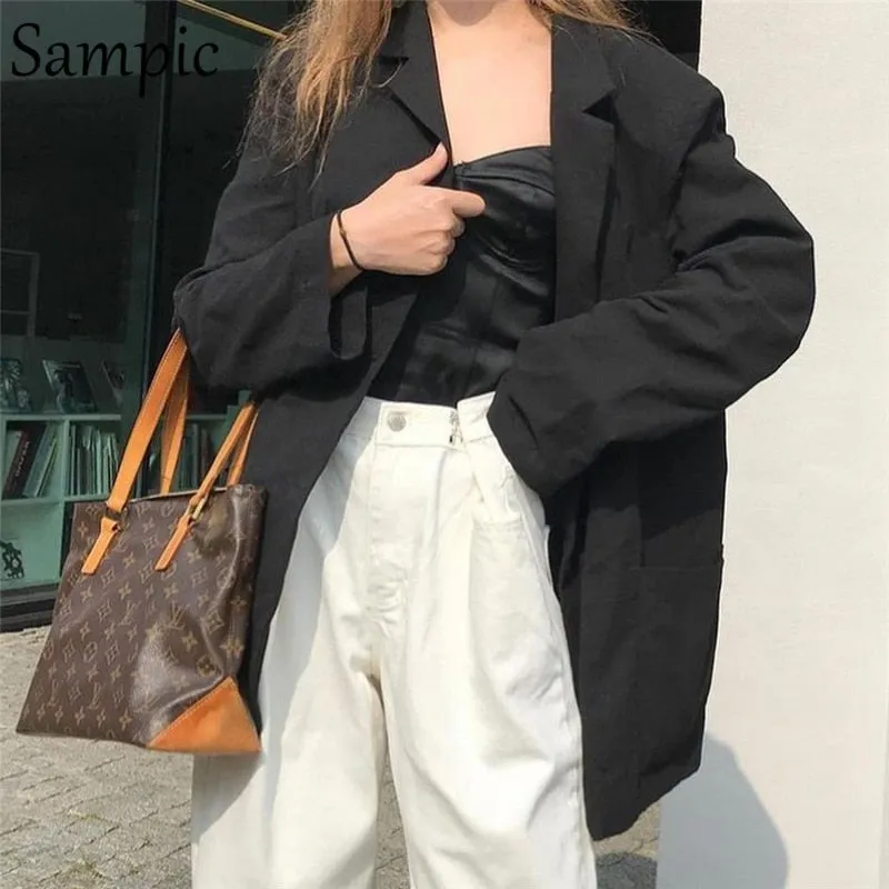 Joskaa Christmas Gift Sampic Fashion Long Green Casual Loose Oversized Blazer Coat Jacket For Woman 2024 Outwear Autumn Winter Long Sleeve Blazer Tops