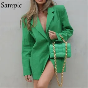 Joskaa Christmas Gift Sampic Fashion Long Green Casual Loose Oversized Blazer Coat Jacket For Woman 2024 Outwear Autumn Winter Long Sleeve Blazer Tops
