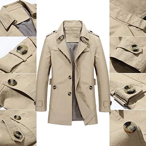 Khaki Men's Windbreaker Notched Lapel Trench Coat