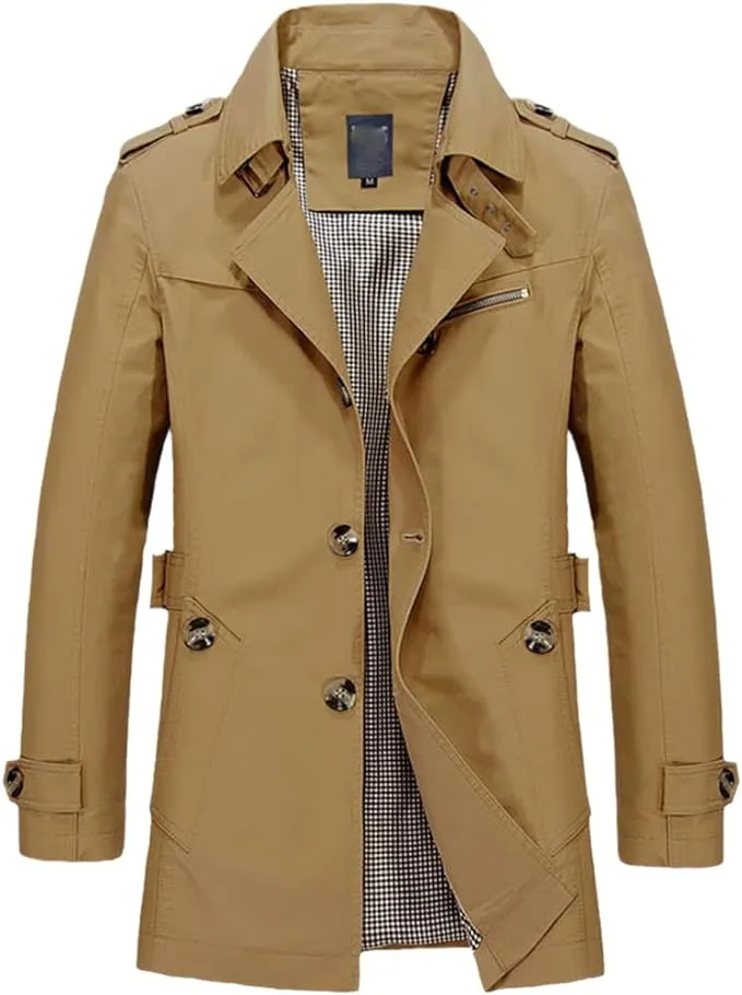 Khaki Men's Windbreaker Notched Lapel Trench Coat