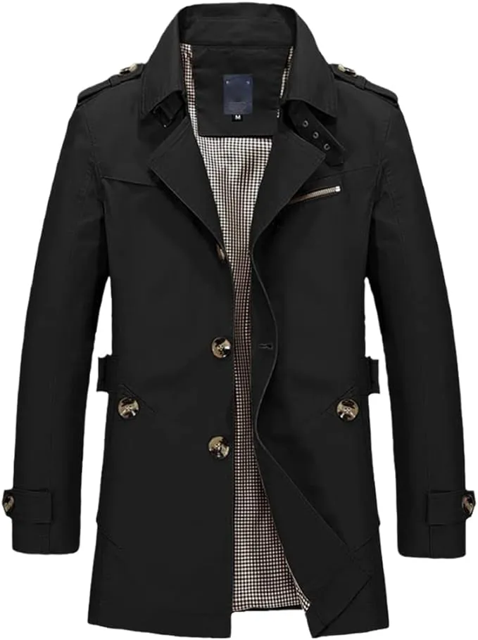 Khaki Men's Windbreaker Notched Lapel Trench Coat