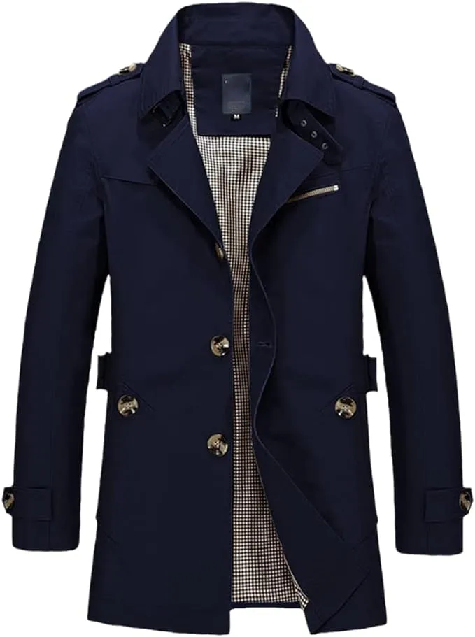 Khaki Men's Windbreaker Notched Lapel Trench Coat