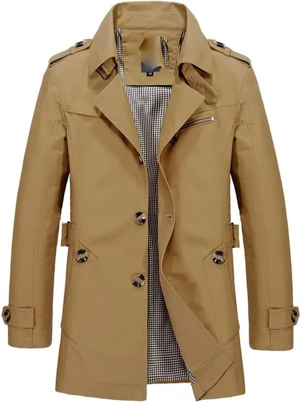 Khaki Men's Windbreaker Notched Lapel Trench Coat