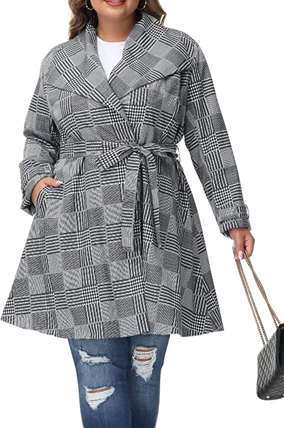Lapel Trench Grey Plaid Plus Size Coat Belted Lightweight Long Jacket