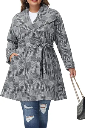 Lapel Trench Grey Plaid Plus Size Coat Belted Lightweight Long Jacket