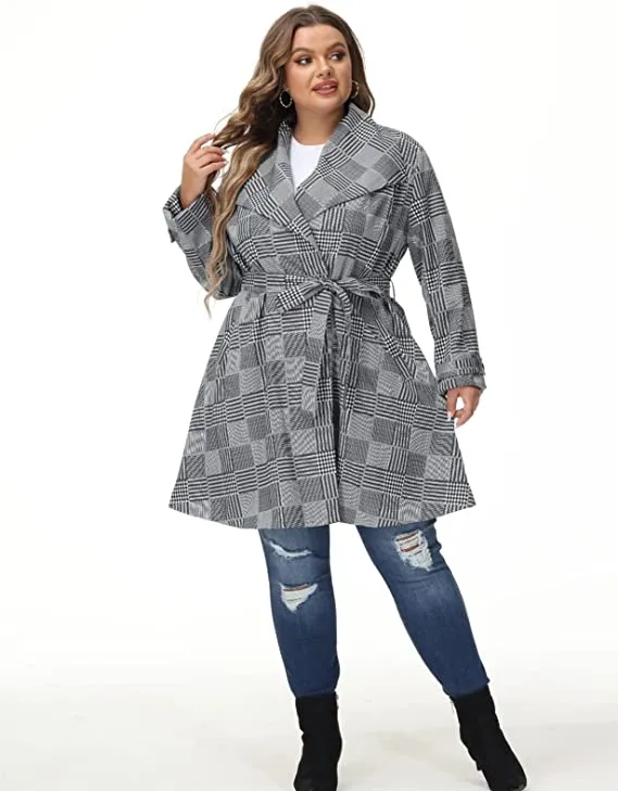 Lapel Trench Grey Plaid Plus Size Coat Belted Lightweight Long Jacket