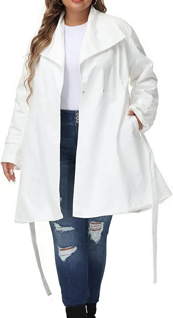 Lapel Trench Grey Plaid Plus Size Coat Belted Lightweight Long Jacket