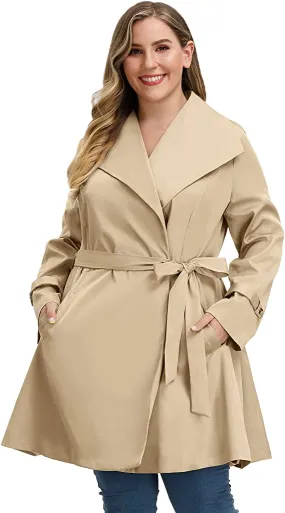 Lapel Trench Khaki Plus Size Coat Belted Lightweight Long Jacket