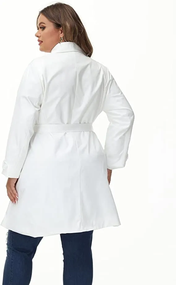 Lapel Trench White Plus Size Coat Belted Lightweight Long Jacket