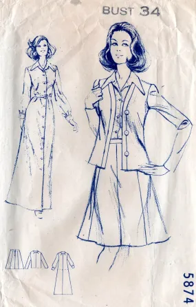 Mail Order 5874 Womens Maxi Shirtdress Cardigan Blouse & Skirt 1970s Vintage Sewing Pattern Bust 34 inches UNUSED Factory Folded