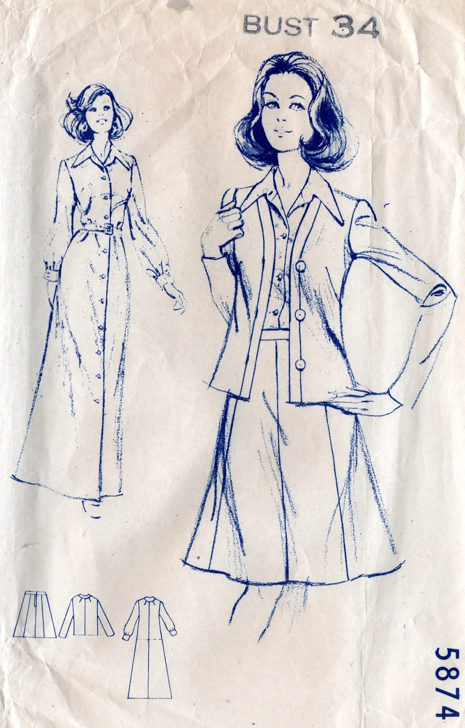 Mail Order 5874 Womens Maxi Shirtdress Cardigan Blouse & Skirt 1970s Vintage Sewing Pattern Bust 34 inches UNUSED Factory Folded