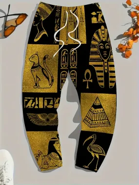 Men's Ancient Pattern Color Blocking Jogger Pants With Drawstrings, Casual Comfy Outdoor Trousers