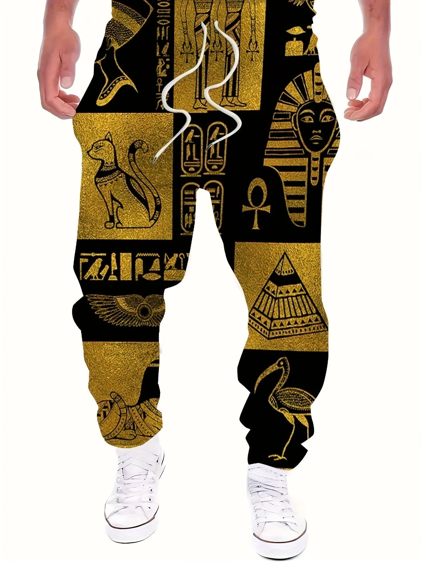 Men's Ancient Pattern Color Blocking Jogger Pants With Drawstrings, Casual Comfy Outdoor Trousers