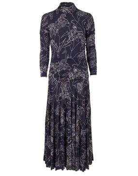 Midnight Long Sleeve Pleated Print Dress
