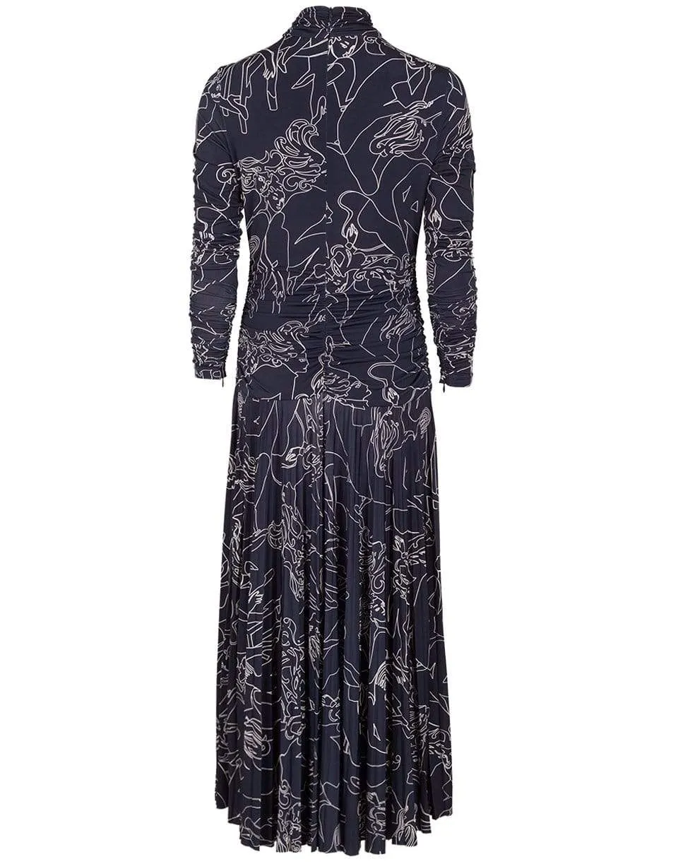 Midnight Long Sleeve Pleated Print Dress