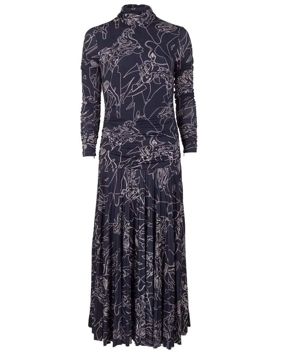 Midnight Long Sleeve Pleated Print Dress