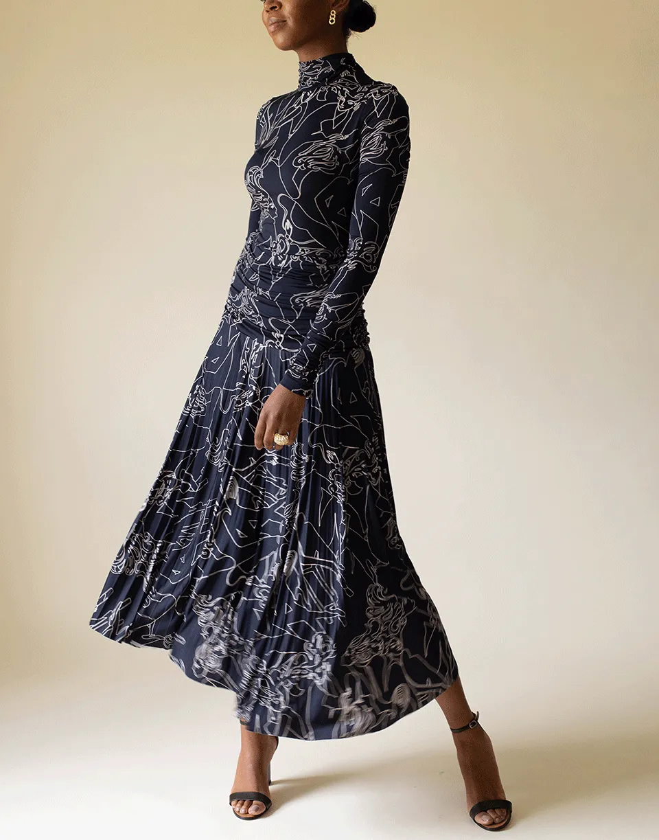 Midnight Long Sleeve Pleated Print Dress
