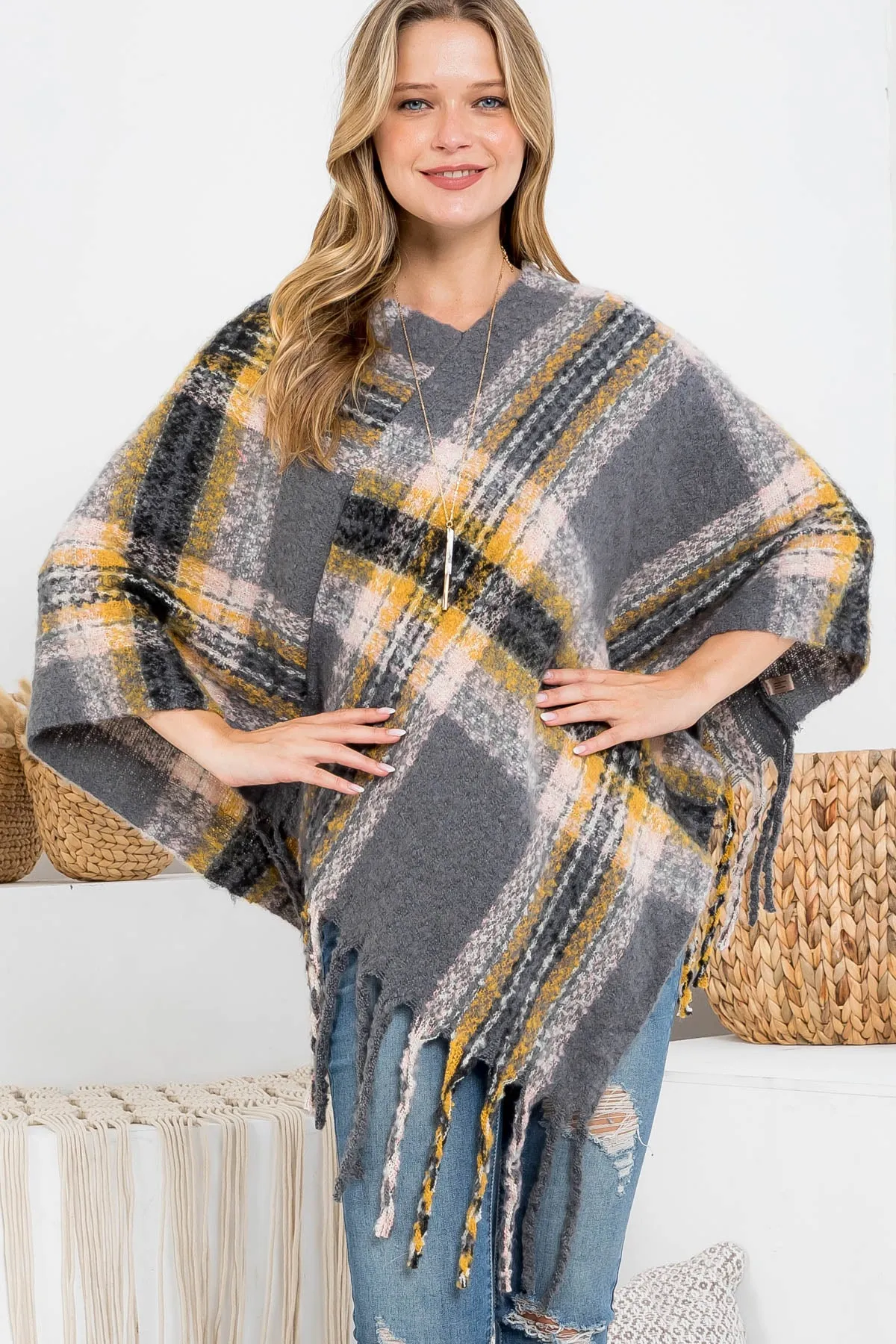 MULTI PLAID FRINGE PONCHO (NOW $5.75 ONLY!)