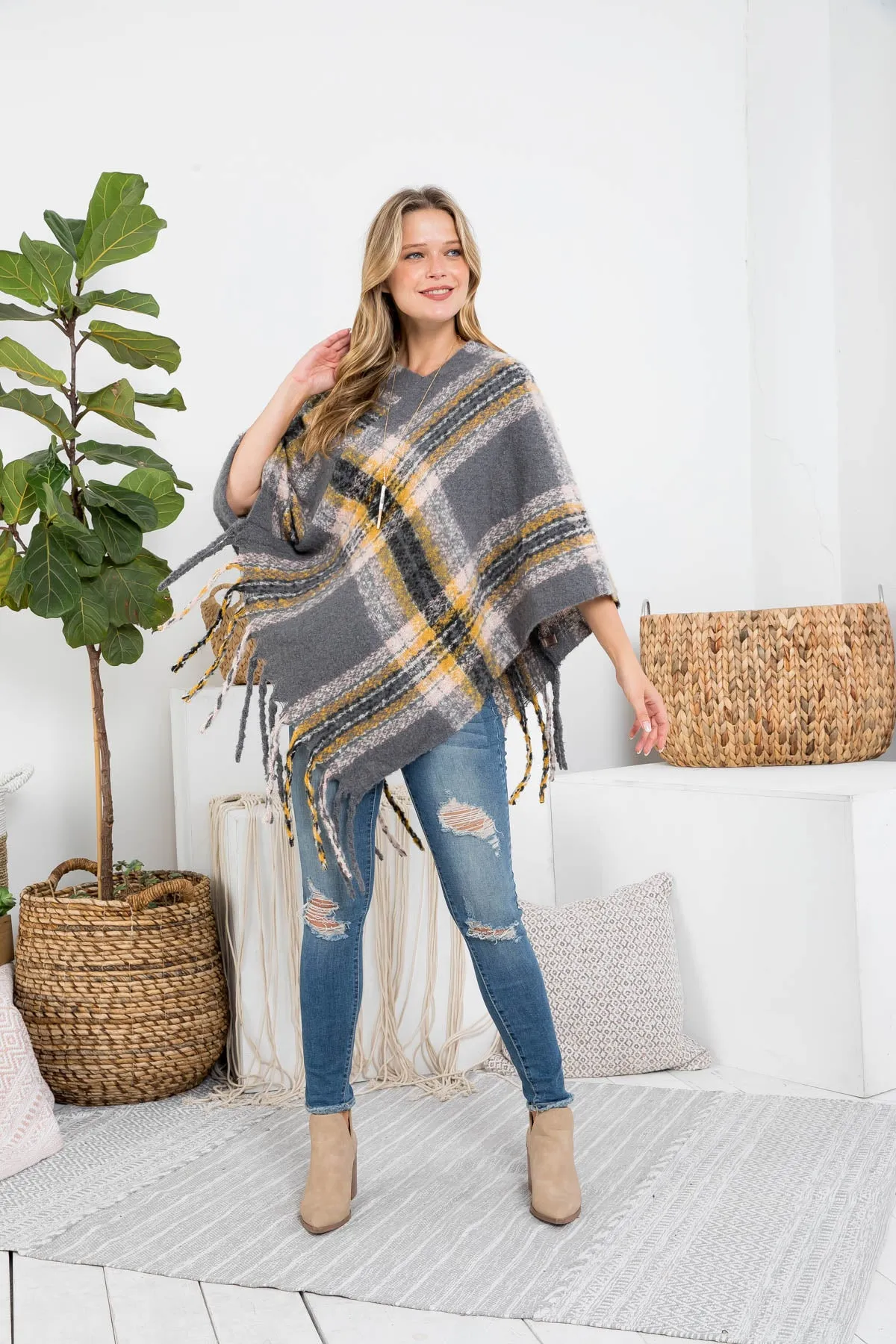 MULTI PLAID FRINGE PONCHO (NOW $5.75 ONLY!)