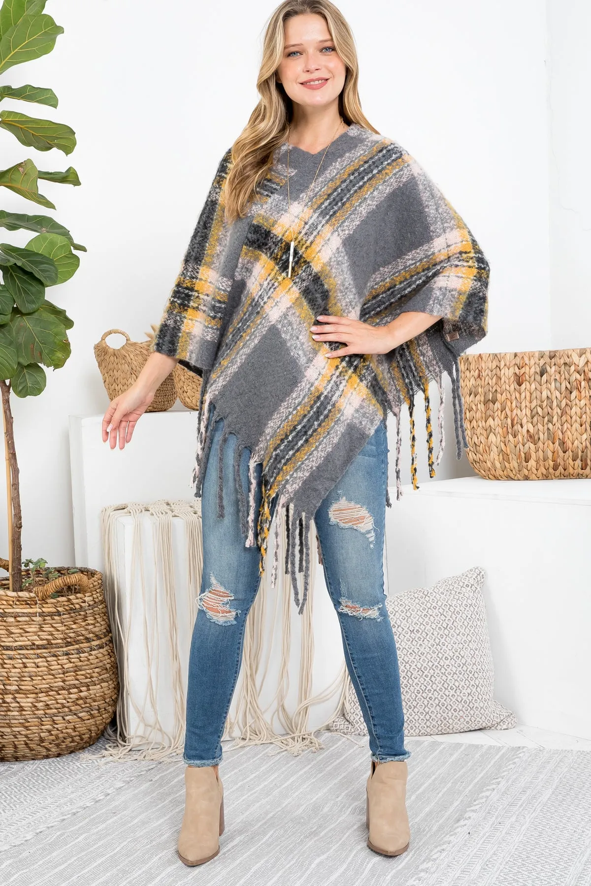 MULTI PLAID FRINGE PONCHO (NOW $5.75 ONLY!)
