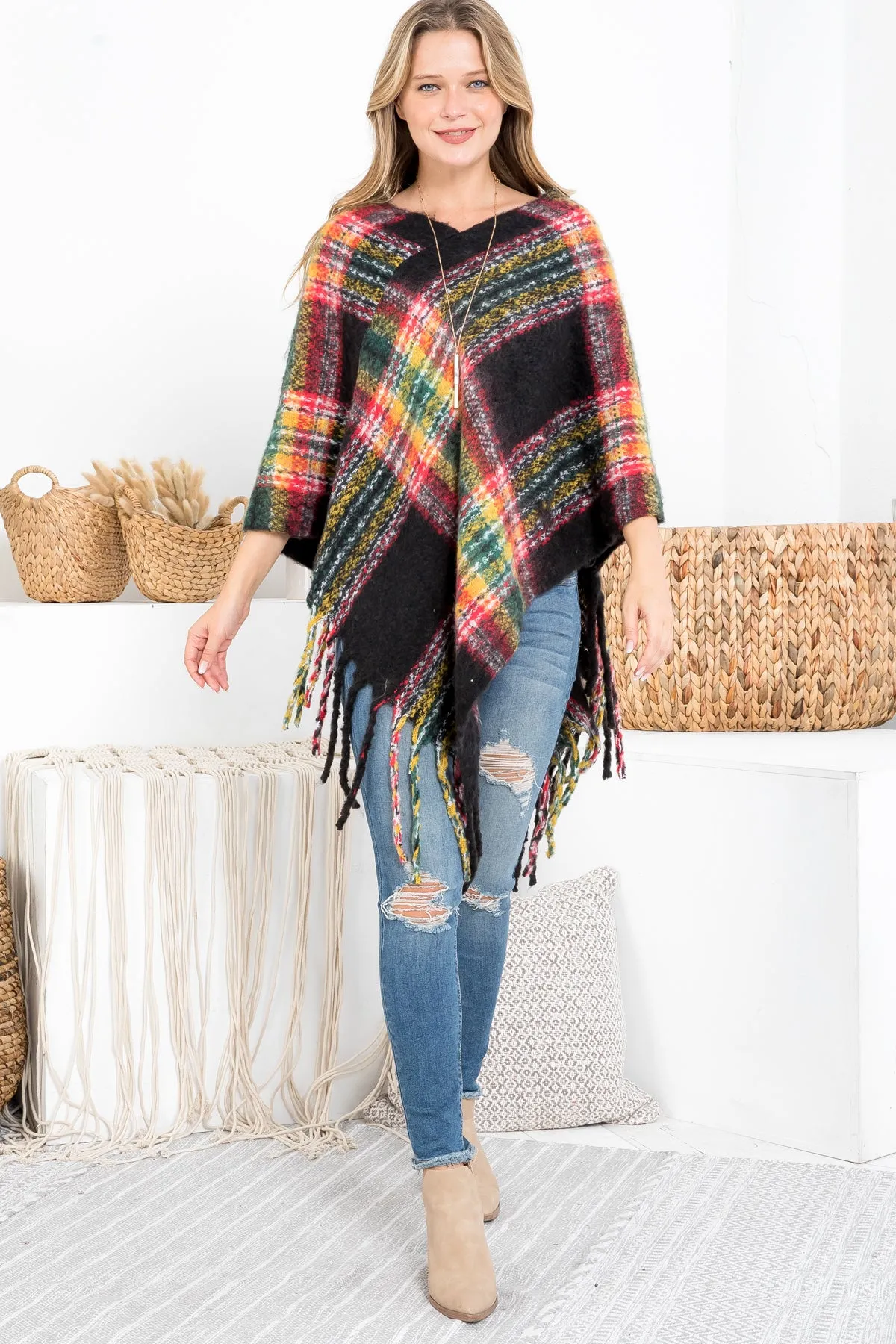 MULTI PLAID FRINGE PONCHO (NOW $5.75 ONLY!)