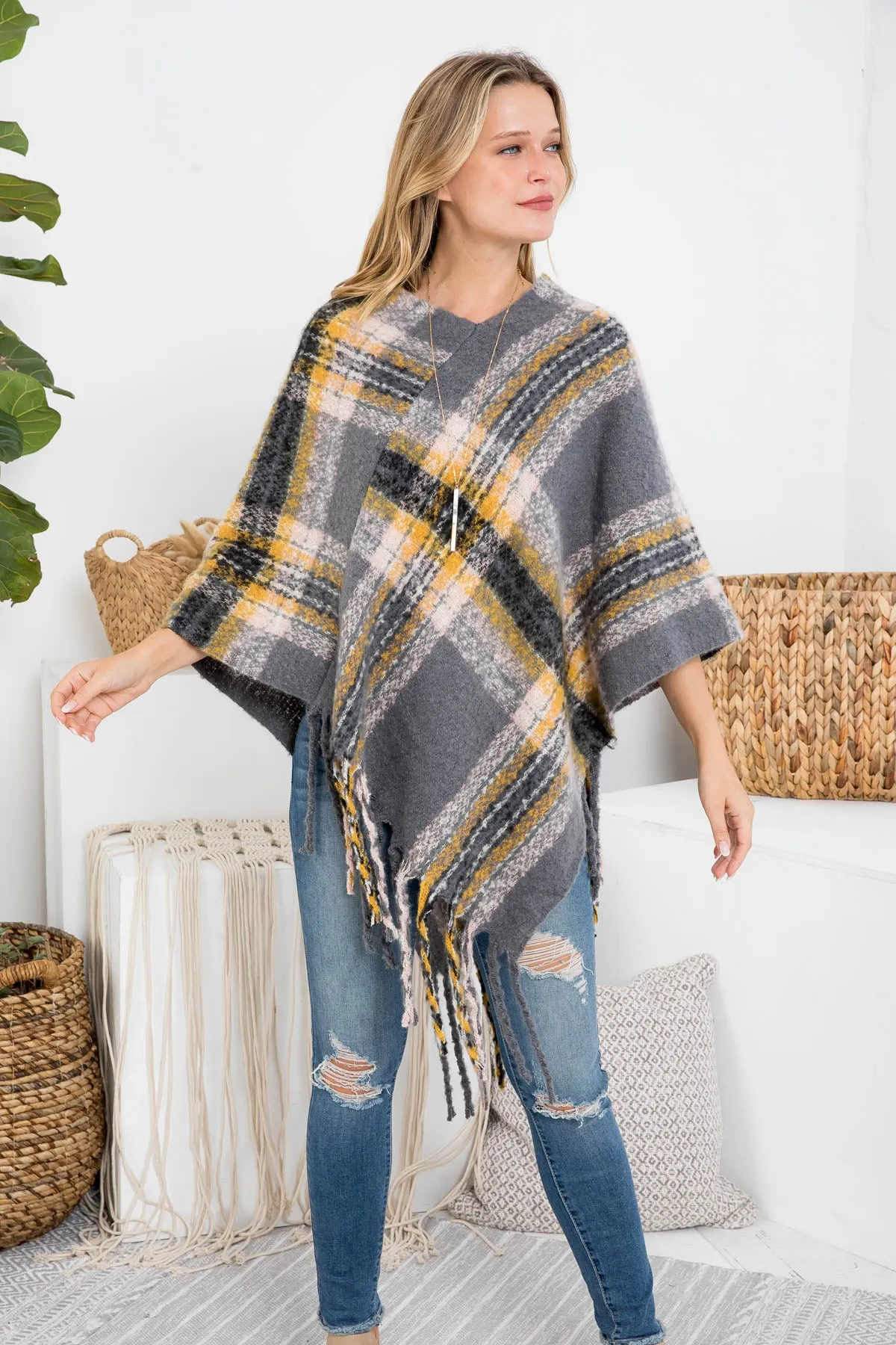 MULTI PLAID FRINGE PONCHO (NOW $5.75 ONLY!)